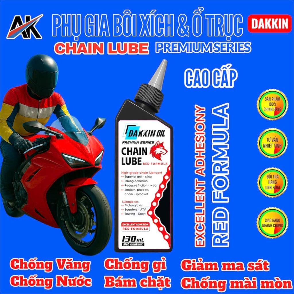 Phụ Gia Bôi Xích Và Ổ Trục Dakkin Premium Đầu Sói Đỏ 130ml – Dầu Bôi Xích Cao Cấp Chống Văng, Chống Gỉ, Bám Dính Gấp 2 L