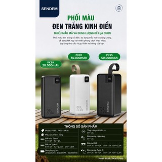 Pin dự phòng Sendem PK89 20000mAh TypeC PD 20W & USB-A QC 3.0 22.5W, Kèm 2 Cáp sạc ra