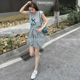 QCL1 Set áo độn vai khỉ múa ba lê kèm khăn kẻ siêu trendy(freesize)