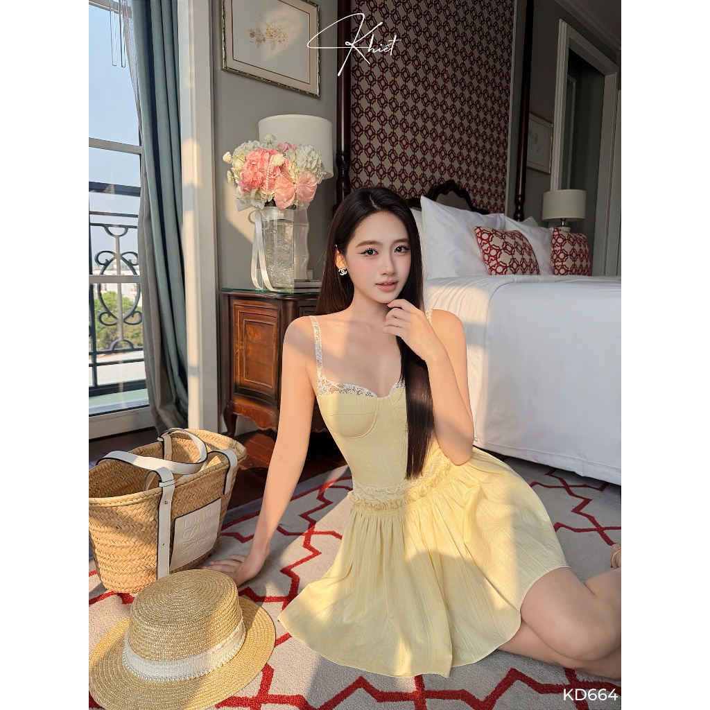 Đầm ngắn xòe linen tone vàng bơ 2 dây ngực phối ren phong cách tiểu thư nữ tính Khiết KD664
