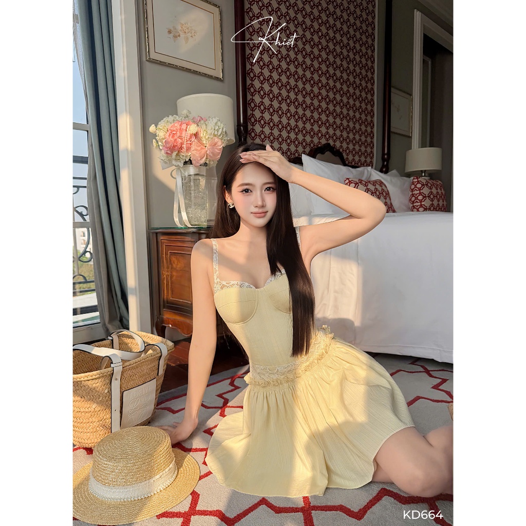 Đầm ngắn xòe linen tone vàng bơ 2 dây ngực phối ren phong cách tiểu thư nữ tính Khiết KD664