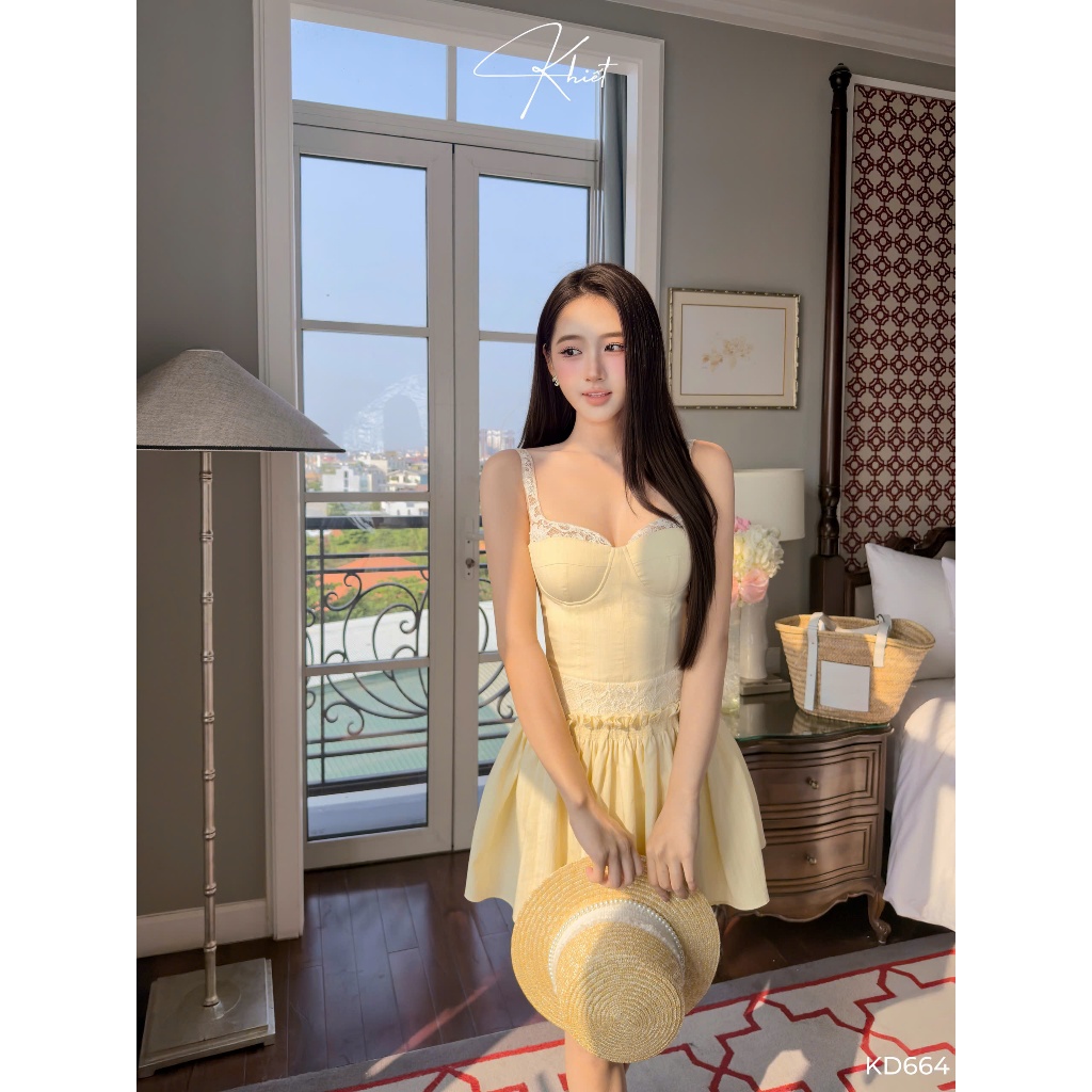 Đầm ngắn xòe linen tone vàng bơ 2 dây ngực phối ren phong cách tiểu thư nữ tính Khiết KD664