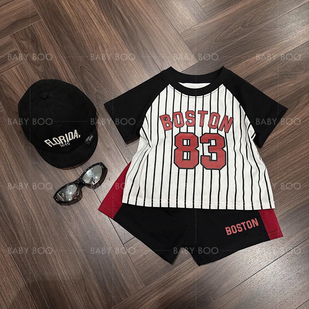 Set Quần Áo Bé Trai Thể Thao, Áo In Chữ Boston 83 + Quần Short Mùa Hè,Bộ Quần Áo Bé Trai Cotton A36