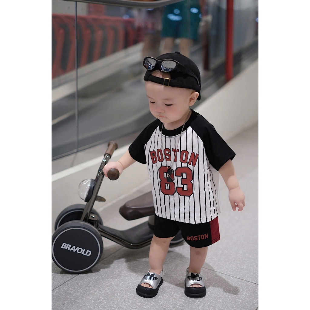Set Quần Áo Bé Trai Thể Thao, Áo In Chữ Boston 83 + Quần Short Mùa Hè,Bộ Quần Áo Bé Trai Cotton A36