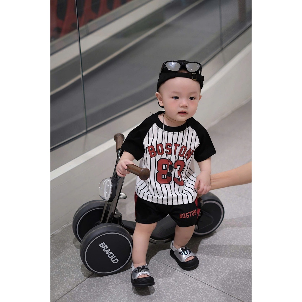 Set Quần Áo Bé Trai Thể Thao, Áo In Chữ Boston 83 + Quần Short Mùa Hè,Bộ Quần Áo Bé Trai Cotton A36