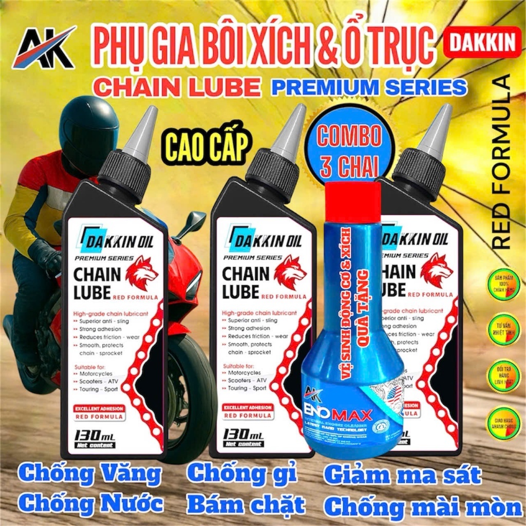 Combo 3 Chai Phụ Gia Bôi Xích Và Ổ Trục Dakkin Premium Đầu Sói Đỏ 130ml – Dầu Bôi Xích Cao Cấp Chống Văng, Bám Dính Cao,