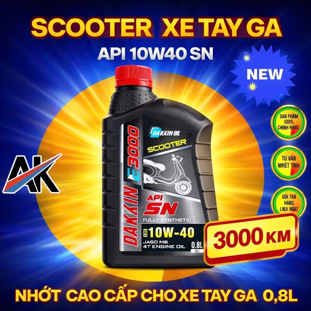 Dầu Nhớt Xe Tay Ga Dakkin E3000 Scooter 10W40 API SN JASO MB 0.8L – Nhớt Fully Synthetic Cho Xe Ga 4T, Giúp Máy Êm Và Sạ