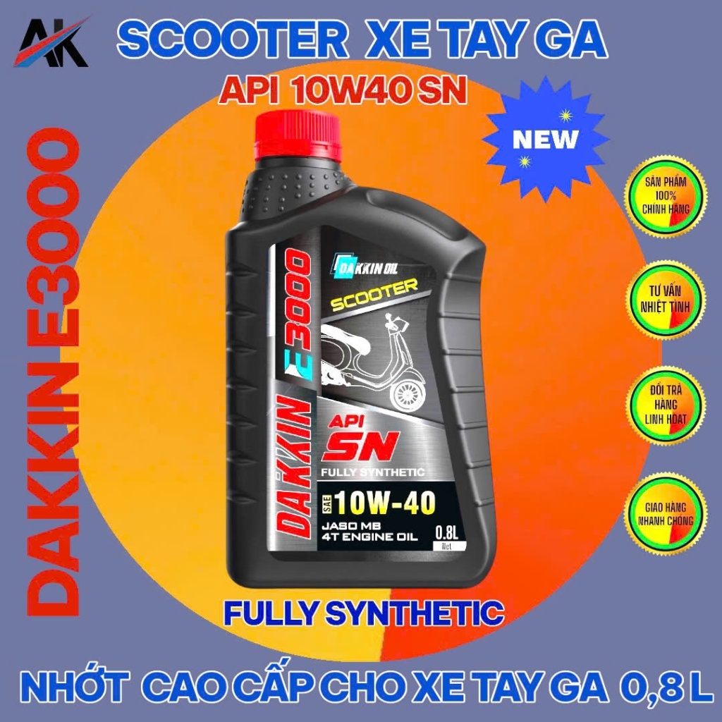 Dầu Nhớt Xe Tay Ga Dakkin E3000 Scooter 10W40 API SN JASO MB 0.8L – Nhớt Fully Synthetic Cho Xe Ga 4T, Giúp Máy Êm Và Sạ