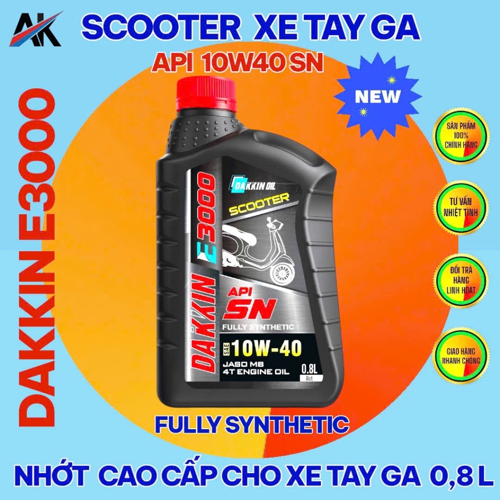 Dầu Nhớt Xe Tay Ga Dakkin E3000 Scooter 10W40 API SN JASO MB 0.8L – Nhớt Fully Synthetic Cho Xe Ga 4T, Giúp Máy Êm Và Sạ