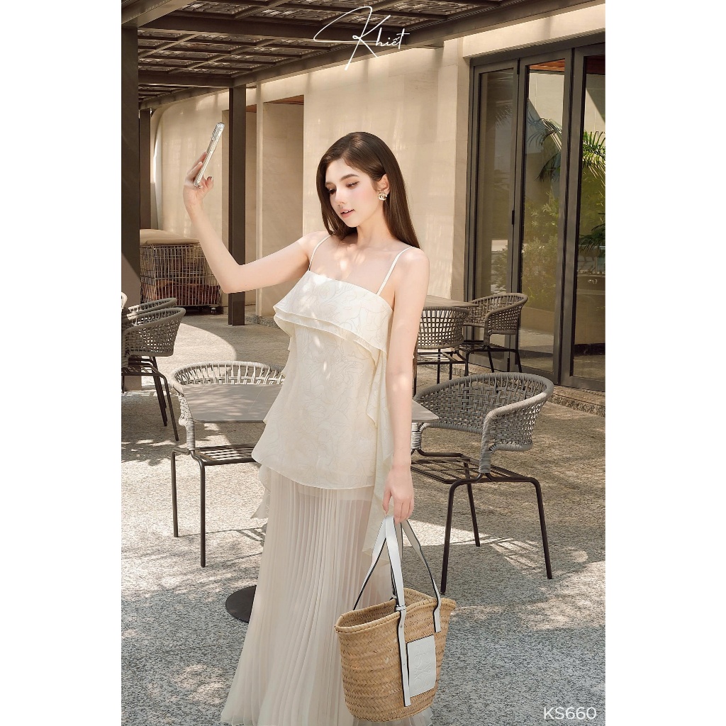 Set Áo 2 Dây Tơ Vân Bèo Phối Chân Váy Dập Ly Thanh Thoát Nàng Thơ KS660