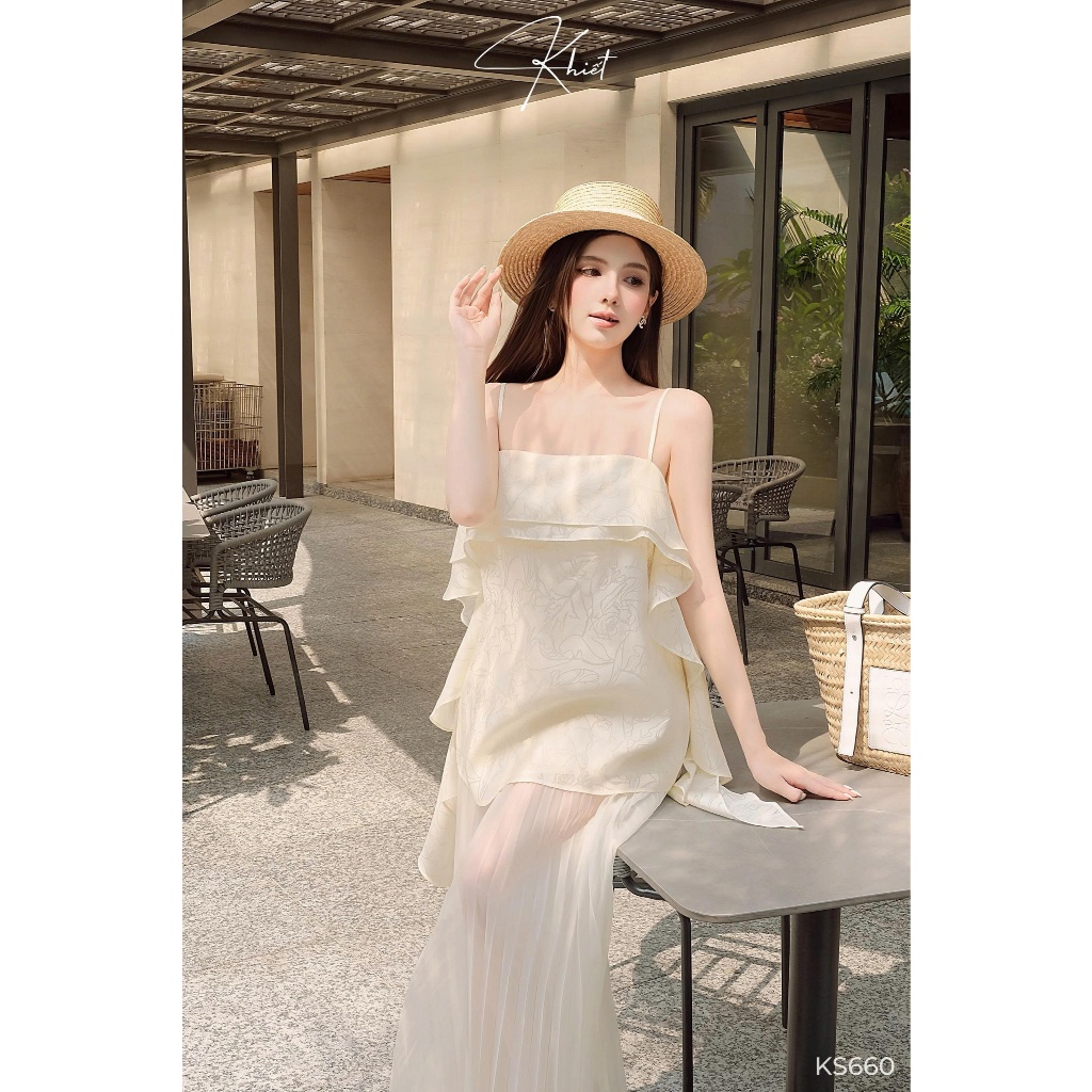 Set Áo 2 Dây Tơ Vân Bèo Phối Chân Váy Dập Ly Thanh Thoát Nàng Thơ KS660