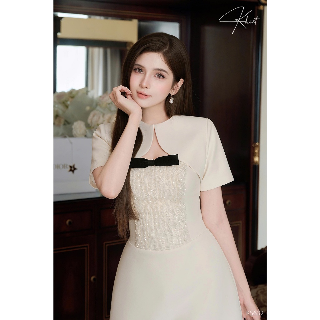 Set Đầm Kem Tiểu Thư Phối Choàng Rời Đính Nơ Nhung Thanh Lịch Sang Trọng KS632
