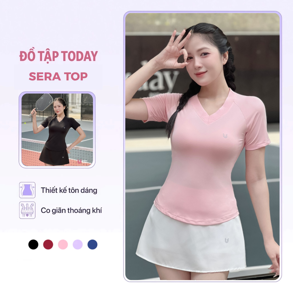 [GÍA SỐC] Áo thể thao nữ Sera ngắn tay Đồ Tập Today cổ tim vải thoáng mát thoải mái tập thể thao tập gym