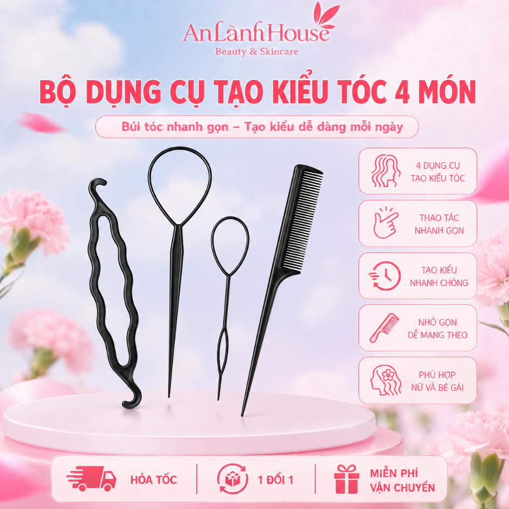 Bộ Dụng Cụ Tạo Kiểu Tóc 4 Món Đa Năng, Dụng Cụ Búi Tóc Nhanh Gọn Cho Nữ Và Bé Gái