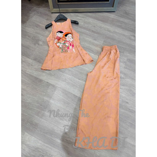 Sét áo lụa tơ tầm sát nách thêu Tố nữ cầm quạt + quần xuông lụa