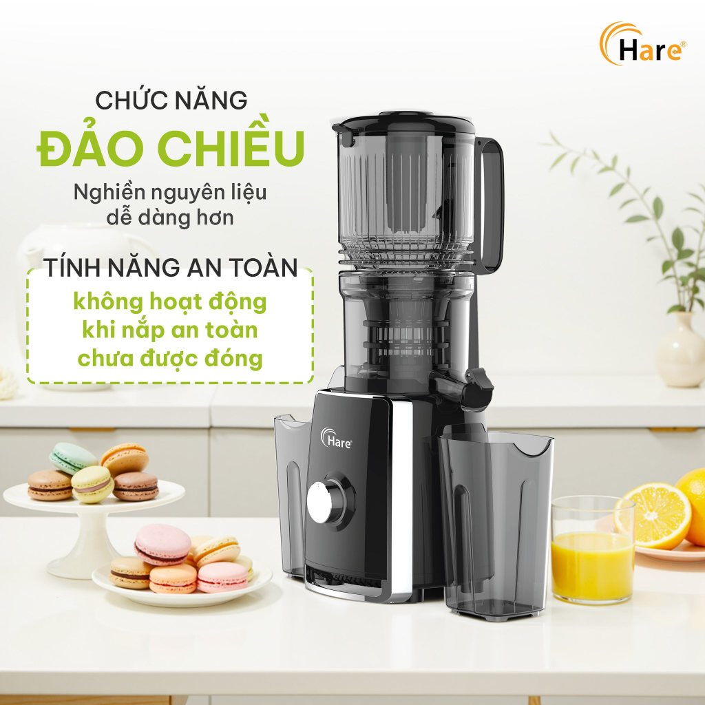 Máy Ép Chậm Hare HR-SJ6388 Công Suất 300W Ép Kiệt Bã 99% Miệng Ép Rộng 12.7cm, Giữ Trọn Hương Vị