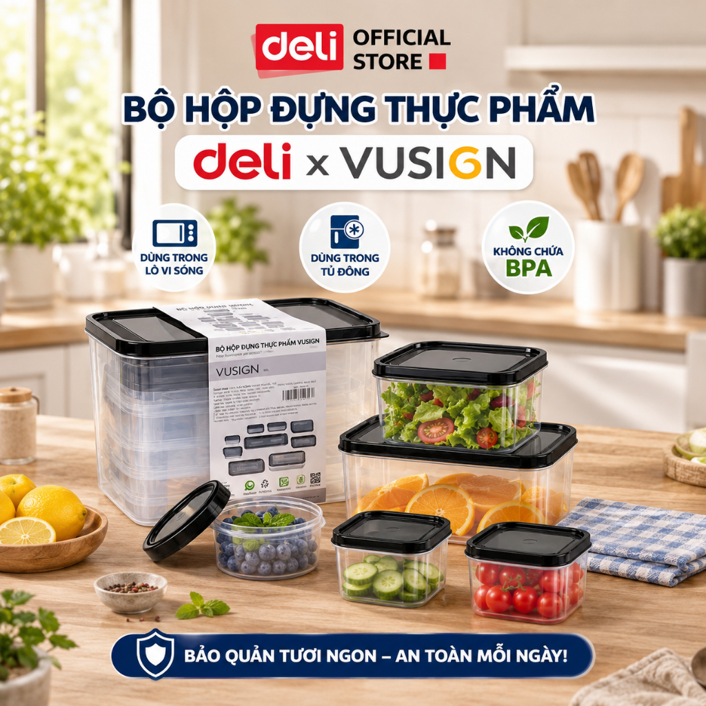 Bộ Hộp 15 Chi Tiết Hộp Đựng Thực Phẩm DELIxVUSIGN Đầy Đủ Size Từ 250-8500ml Dùng Cho Lò Vi Sóng, Máy Rửa Bát