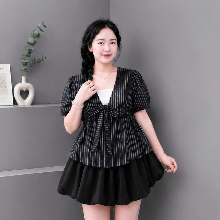 Sét Bigsize Nữ Áo Sọc Form Xòe Thắt Nơ Eo Cổ Vuông Mix Chân Váy Bí Dịu Dàng 58-92kg A360+CV413