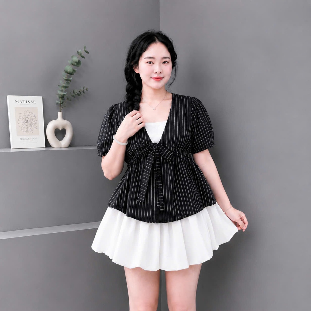 Sét Bigsize Nữ Áo Sọc Form Xòe Thắt Nơ Eo Cổ Vuông Mix Chân Váy Bí Dịu Dàng 58-92kg A360+CV413