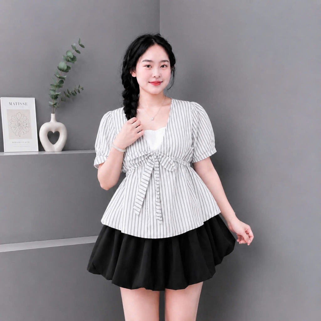 Sét Bigsize Nữ Áo Sọc Form Xòe Thắt Nơ Eo Cổ Vuông Mix Chân Váy Bí Dịu Dàng 58-92kg A360+CV413