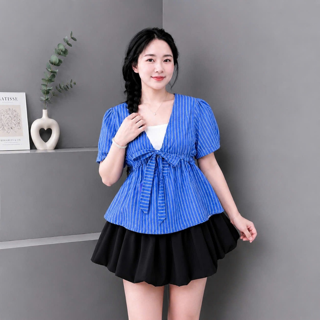 Sét Bigsize Nữ Áo Sọc Form Xòe Thắt Nơ Eo Cổ Vuông Mix Chân Váy Bí Dịu Dàng 58-92kg A360+CV413