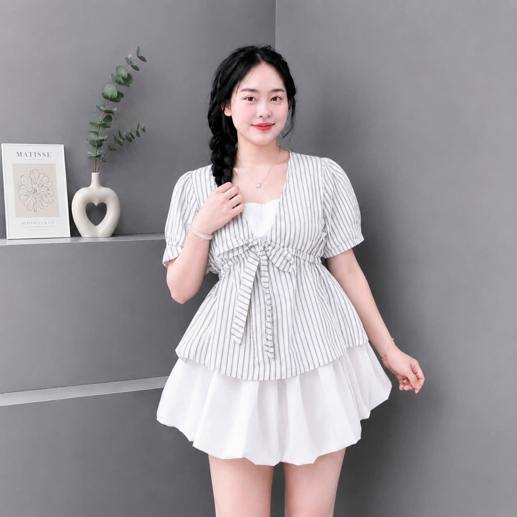 Sét Bigsize Nữ Áo Sọc Form Xòe Thắt Nơ Eo Cổ Vuông Mix Chân Váy Bí Dịu Dàng 58-92kg A360+CV413