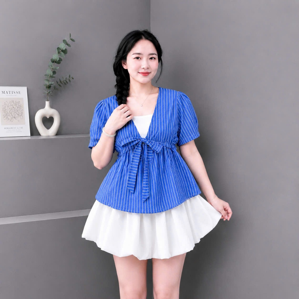 Sét Bigsize Nữ Áo Sọc Form Xòe Thắt Nơ Eo Cổ Vuông Mix Chân Váy Bí Dịu Dàng 58-92kg A360+CV413