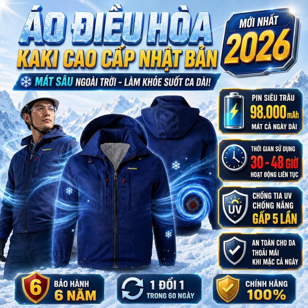 Áo Điều Hoà 2 Quạt Chính Hãng, Áo Khoác Kaki Dày Dặn Có Quạt Điều Hoà Mát Lạnh Pin Trâu Dùng 48H