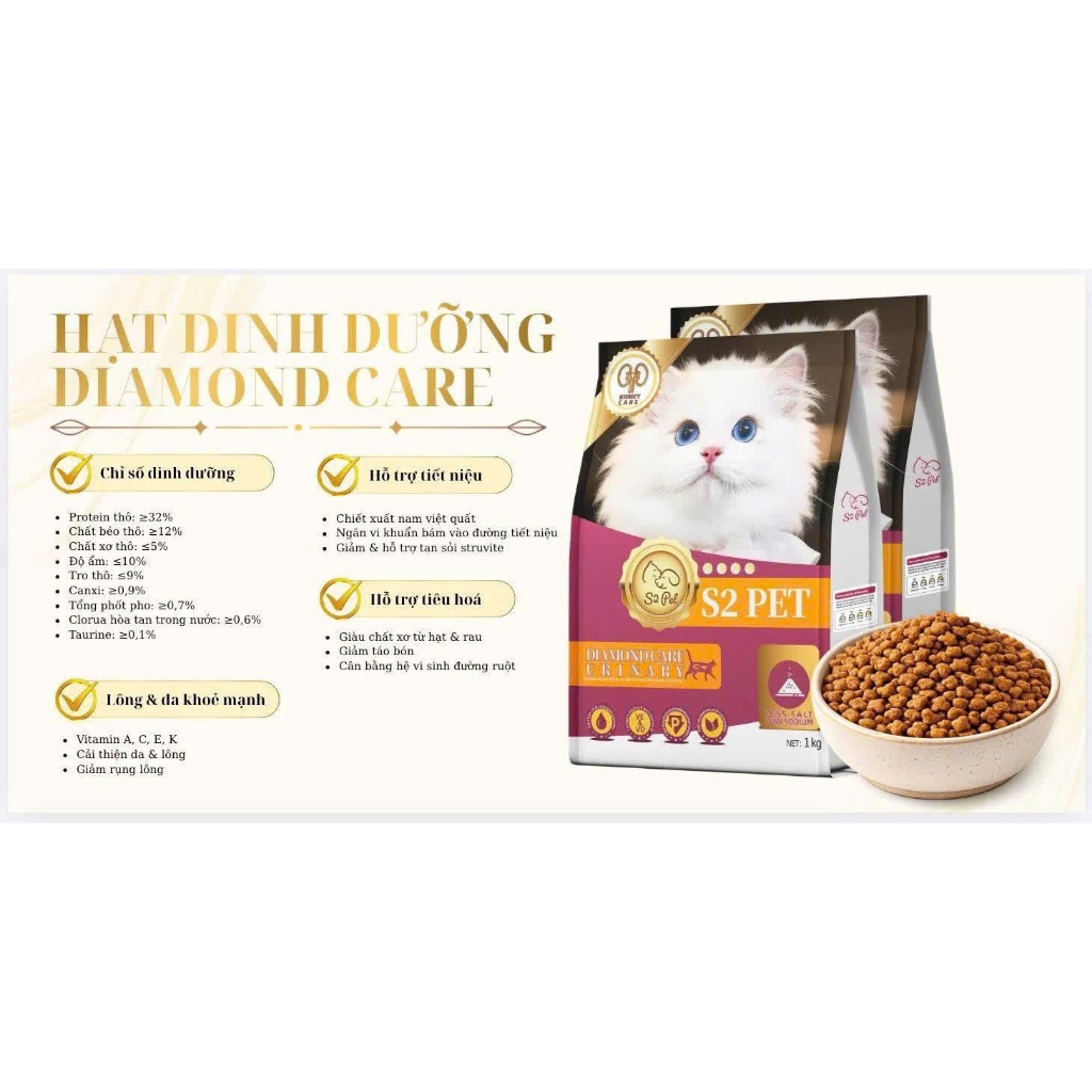 Thức ăn cho mèo S2PET Diamond túi 1KG/5KG 32% protein, chăm sóc tiết niệu, tiêu hóa khỏe mạnh