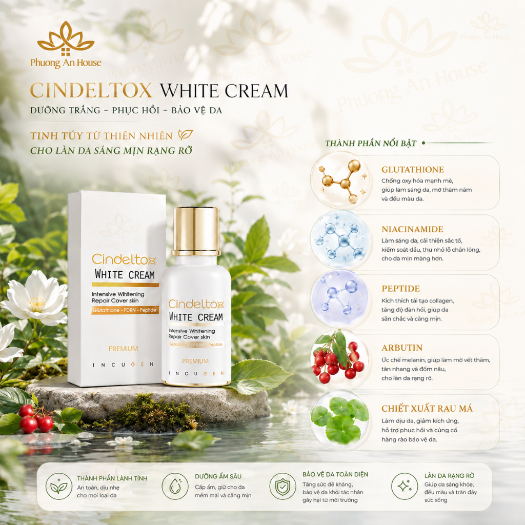 Kem dưỡng trắng da Cindel Tox White Cream Incuheal dưỡng, phục hồi da Hàn Quốc 50ml - PhuongAnHouse
