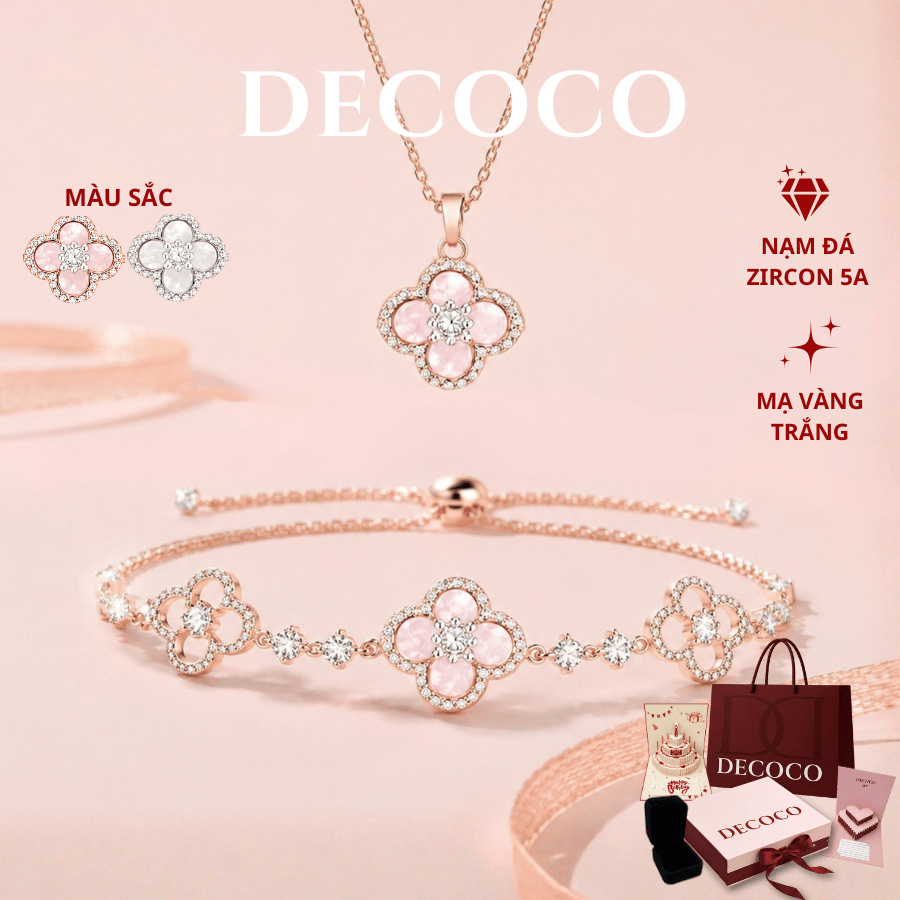 Set vòng cổ và vòng tay SAKURA cỏ 4 lá charm hoa đá xà cừ mạ vàng trắng DECOCO ACC ( kèm Túi giấy + Hộp + Thiệp )