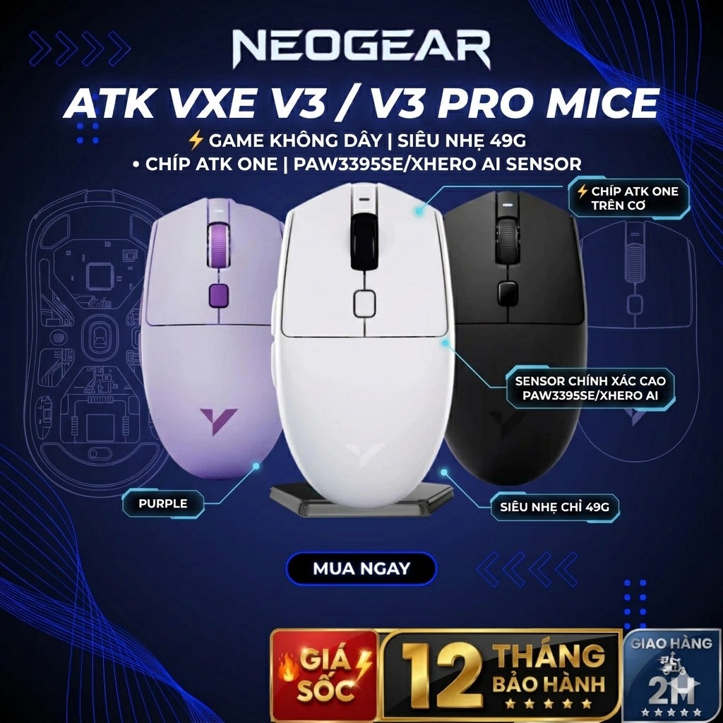 ⚡Chuột Gaming Không Dây ATK VXE V3 / V3 Pro - Chip ATK ONE Siêu Nhẹ 49g ...