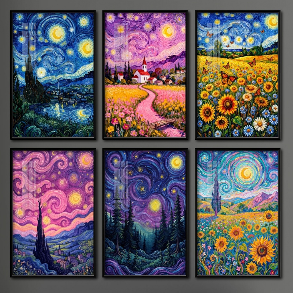Tranh Treo Tường Nghệ Thuật Thiên Nhiên Phong Cách Van Gogh Đêm Đầy Sao Tím Hồng, Tranh Decor Phòng Khách Hiện Đại