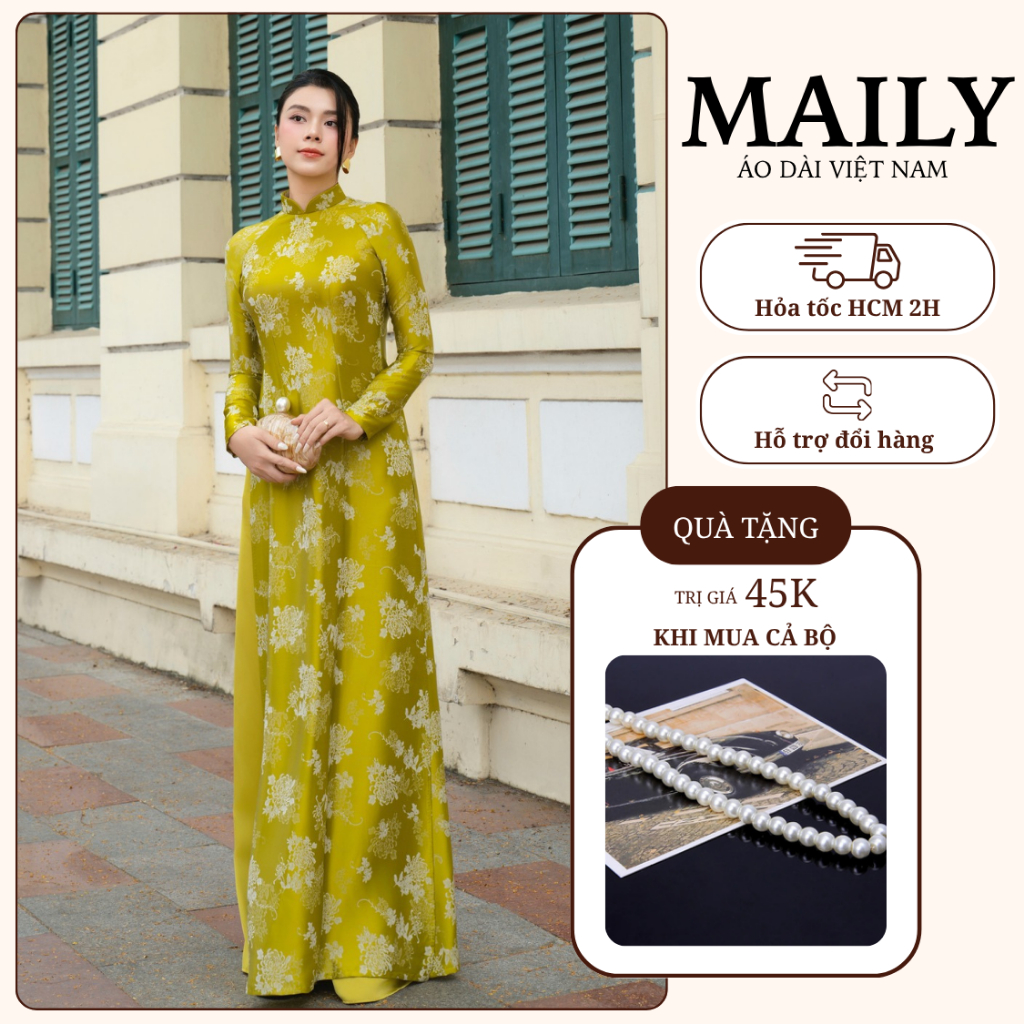 Áo Dài Duyên Nhã Dáng Ôm Truyền Thống, Thiết Kế 2 Tà Cổ Cao Tay Dài Sang Trọng - ÁO DÀI MAILY