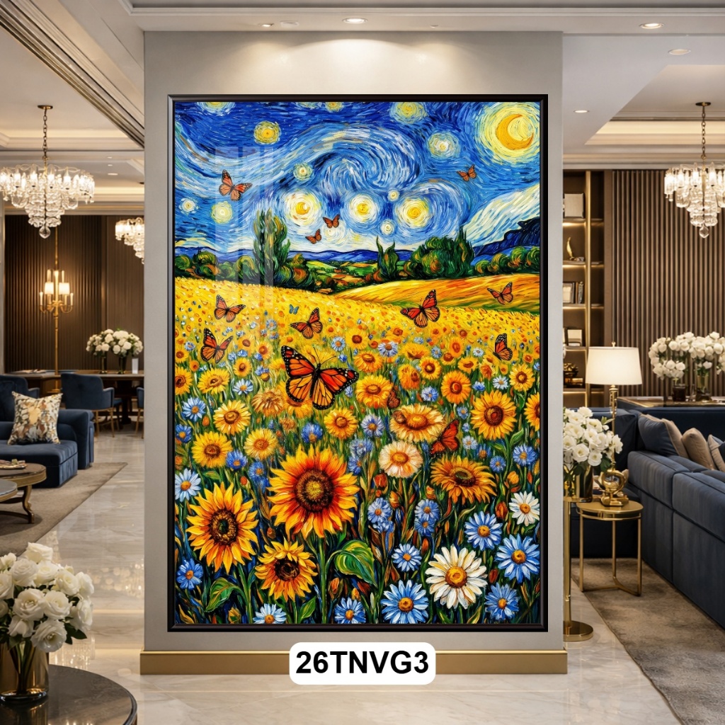 Tranh Treo Tường Nghệ Thuật Thiên Nhiên Phong Cách Van Gogh Đêm Đầy Sao Tím Hồng, Tranh Decor Phòng Khách Hiện Đại