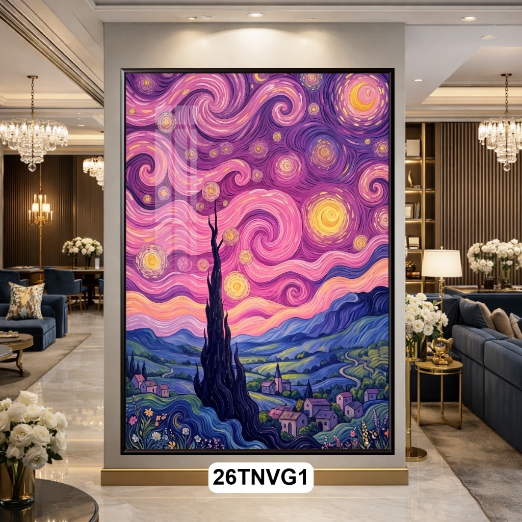 Tranh Treo Tường Nghệ Thuật Thiên Nhiên Phong Cách Van Gogh Đêm Đầy Sao Tím Hồng, Tranh Decor Phòng Khách Hiện Đại