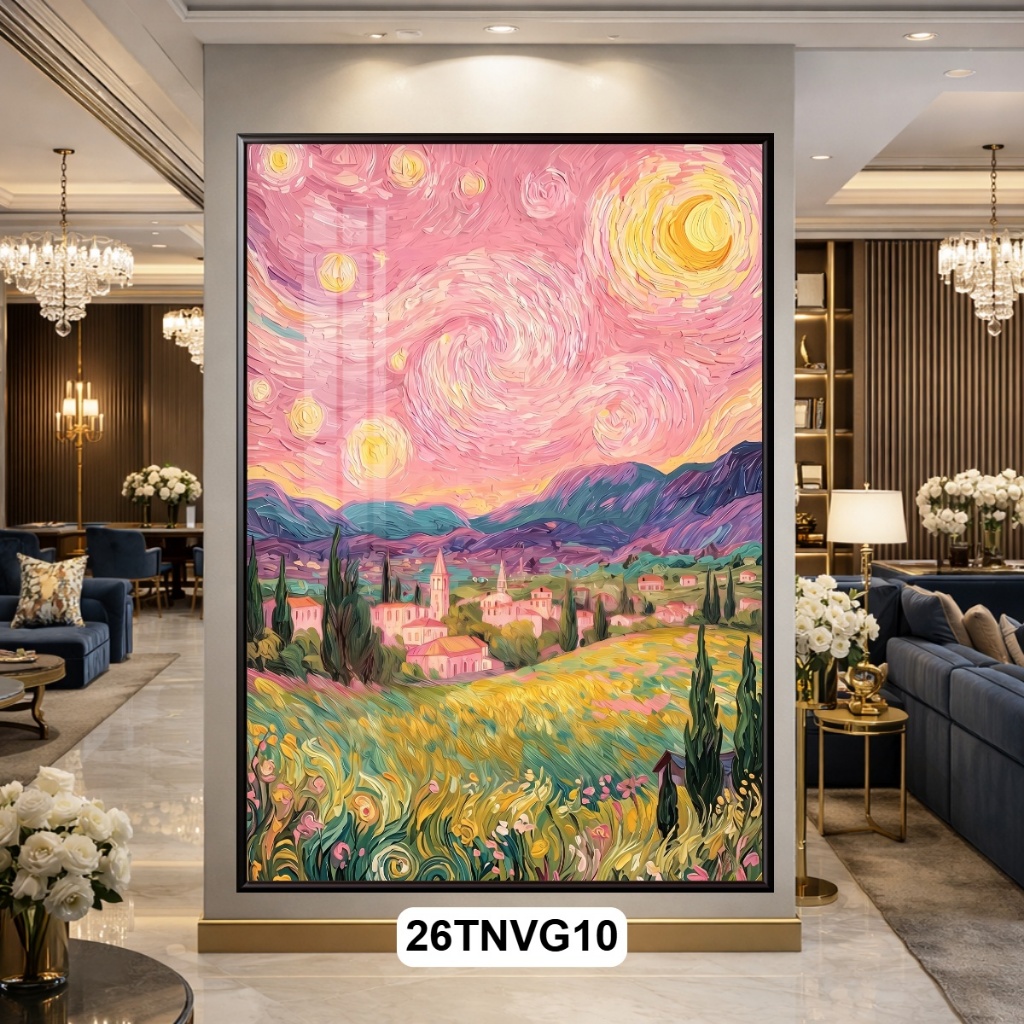 Tranh Treo Tường Nghệ Thuật Thiên Nhiên Phong Cách Van Gogh Đêm Đầy Sao Tím Hồng, Tranh Decor Phòng Khách Hiện Đại