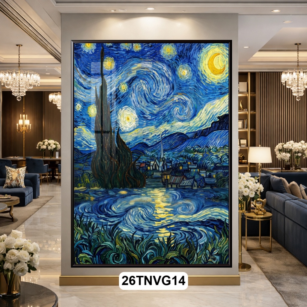 Tranh Treo Tường Nghệ Thuật Thiên Nhiên Phong Cách Van Gogh Đêm Đầy Sao Tím Hồng, Tranh Decor Phòng Khách Hiện Đại