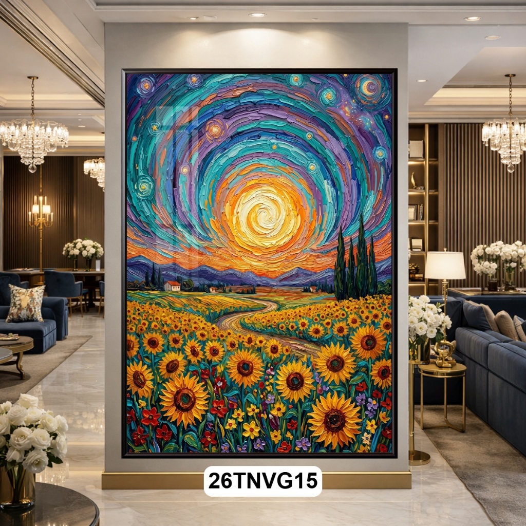 Tranh Treo Tường Nghệ Thuật Thiên Nhiên Phong Cách Van Gogh Đêm Đầy Sao Tím Hồng, Tranh Decor Phòng Khách Hiện Đại