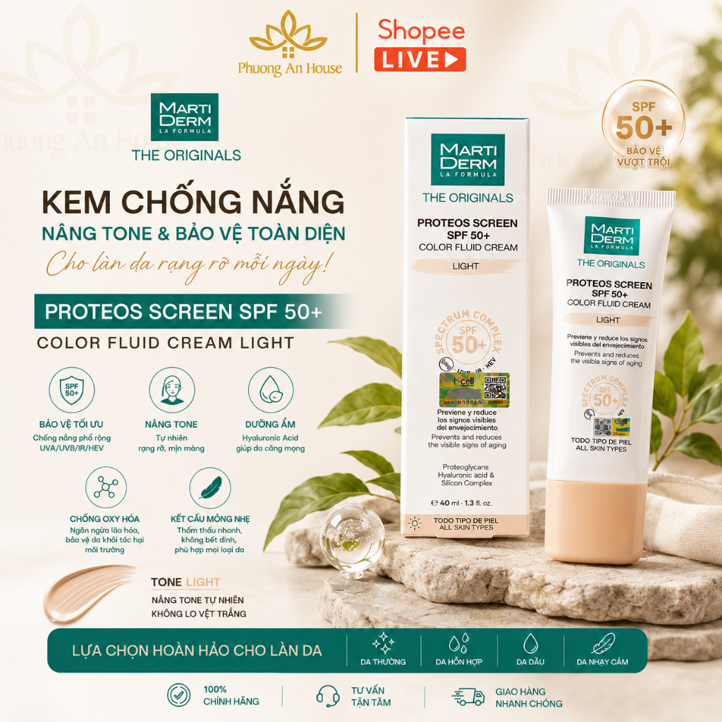 Kem Chống Nắng Bảo Vệ Da Kiềm Dầu MartiDerm The Originals Proteos Screen SPF50+ Color Fluid Cream (Light) (40ml)