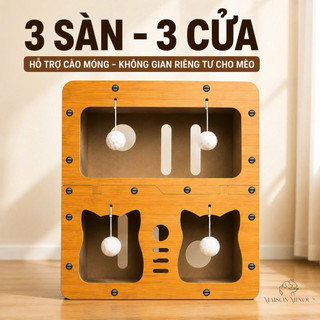 Nhà ngủ biệt thự 2 tầng cho mèo kết hợp bàn cào móng đa năng màu gỗ sồi