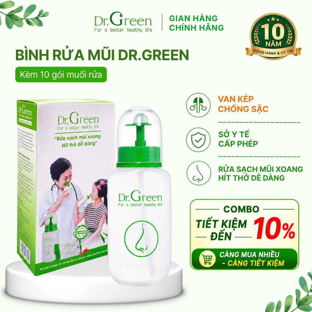 [HỎA TỐC] Bình rửa mũi VAN KÉP CHỐNG SẶC 240ml DR GREEN cho người lớn và trẻ từ 1 tuổi - Kèm 10 gói muối biển nha đam