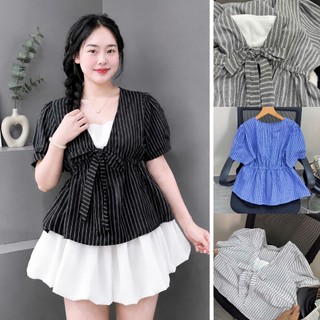 Áo Kiểu Cổ V Kẻ Sọc , Có Dây Nơ Thắt Eo Tôn Dáng , Dễ Mặc Dễ Phối Đồ Dành Cho Nàng Chuppy (58-92kg) A360