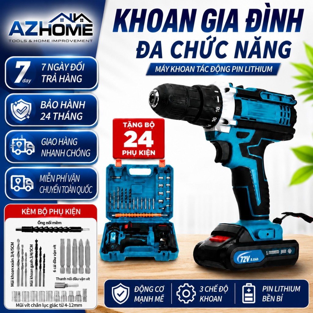 Máy Khoan Pin Cầm Tay Makita 72V 3 Chức Năng Chính Hãng – Khoan Sắt, Bắn Vít, Khoan Gỗ – Tặng Kèm Bộ 24 Chi Tiết