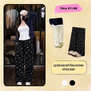 Quần Dài Nữ Ống Rộng Hoạ Tiết Mèo Dễ Thương Cạp Chun Mềm Mại Quần Suông Nữ Style Hàn