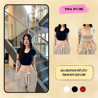 Áo Phông Nữ Croptop Cổ U Ôm Body Gợi Cảm, Áo Thun Nữ Ngắn Tay Tôn Dáng Sexy Basic Dễ Phối