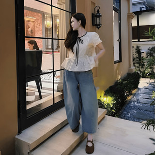 Áo Babydoll Nữ Chấm Bi Tay Bồng Cổ Tròn Viền Đen Thắt Nơ Xinh Xắn Dáng Xòe Tiểu Thư Hàn Quốc