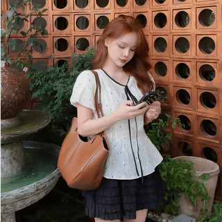 Áo Babydoll Nữ Chấm Bi Tay Bồng Cổ Tròn Viền Đen Thắt Nơ Xinh Xắn Dáng Xòe Tiểu Thư Hàn Quốc