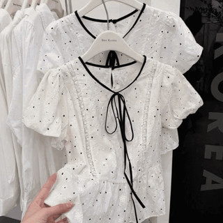 Áo Babydoll Nữ Chấm Bi Tay Bồng Cổ Tròn Viền Đen Thắt Nơ Xinh Xắn Dáng Xòe Tiểu Thư Hàn Quốc