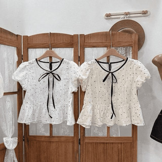 Áo Babydoll Nữ Chấm Bi Tay Bồng Cổ Tròn Viền Đen Thắt Nơ Xinh Xắn Dáng Xòe Tiểu Thư Hàn Quốc